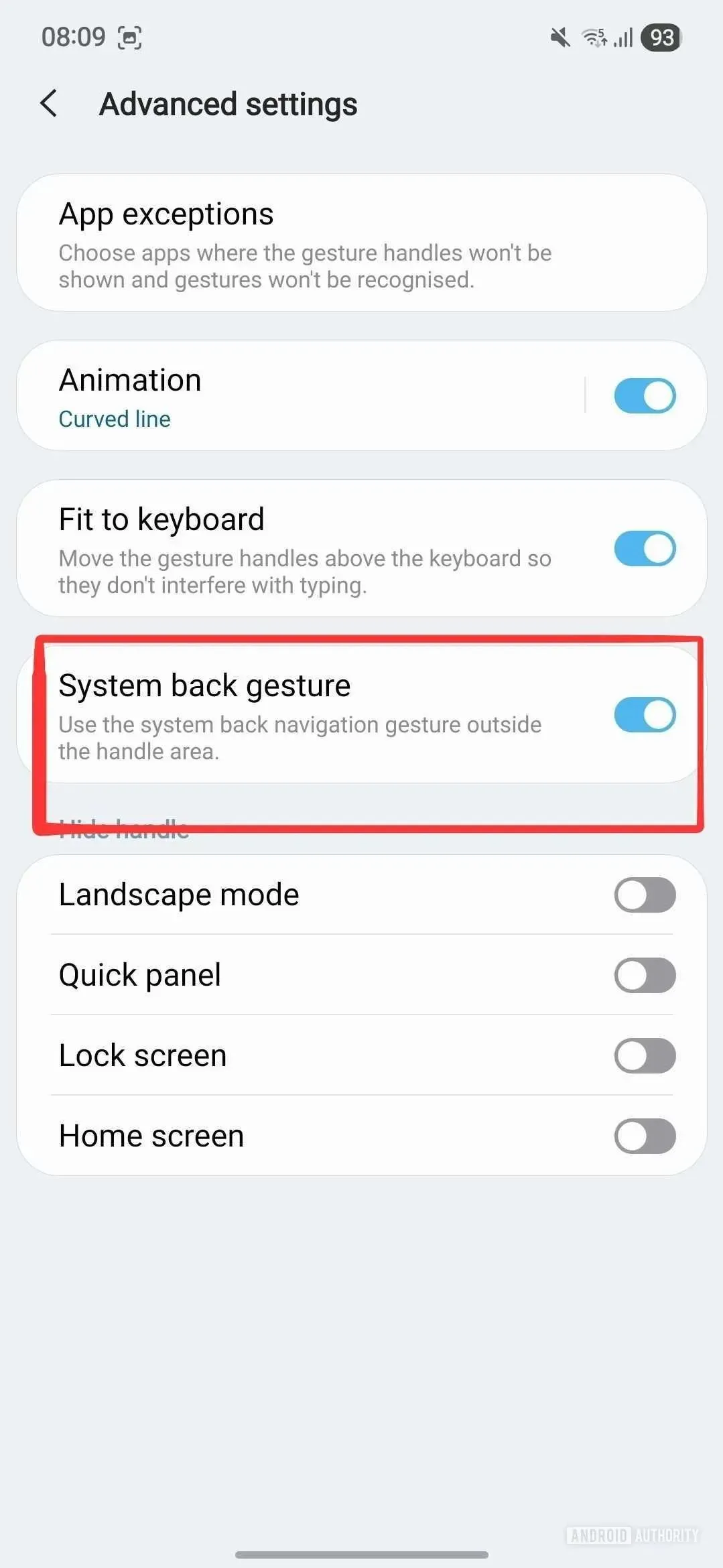Ảnh chụp màn hình cài đặt module One Hand Operation+ của Samsung, hiển thị tùy chọn 'System back gesture'