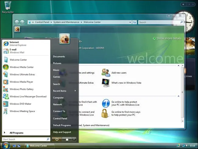 Ảnh chụp màn hình giao diện Aero với hiệu ứng trong suốt trên Windows Vista