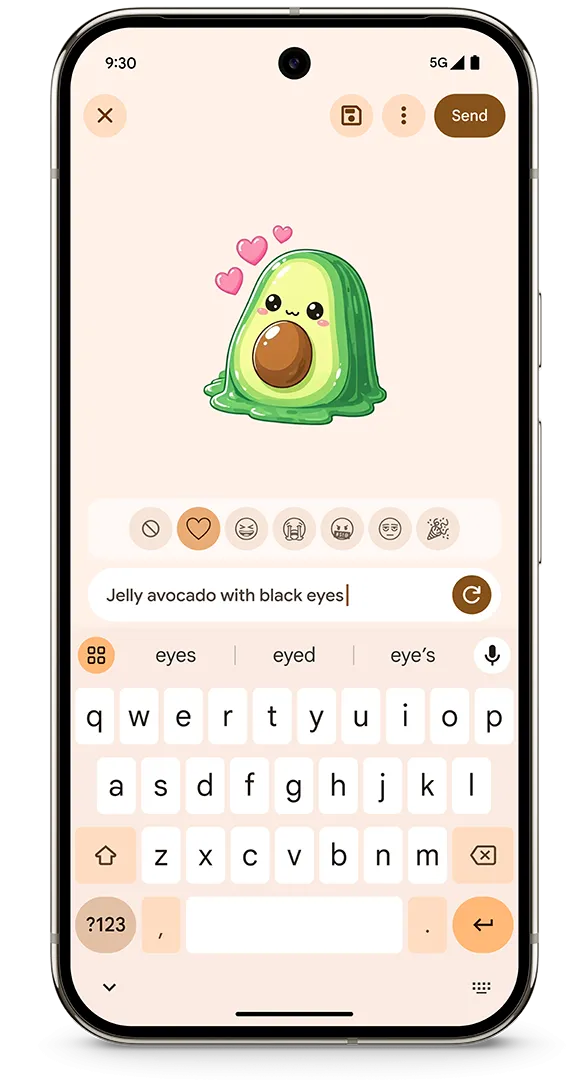 Ảnh chụp màn hình giao diện Pixel Studio trong Gboard, cho phép tạo sticker AI tùy chỉnh trên điện thoại Pixel