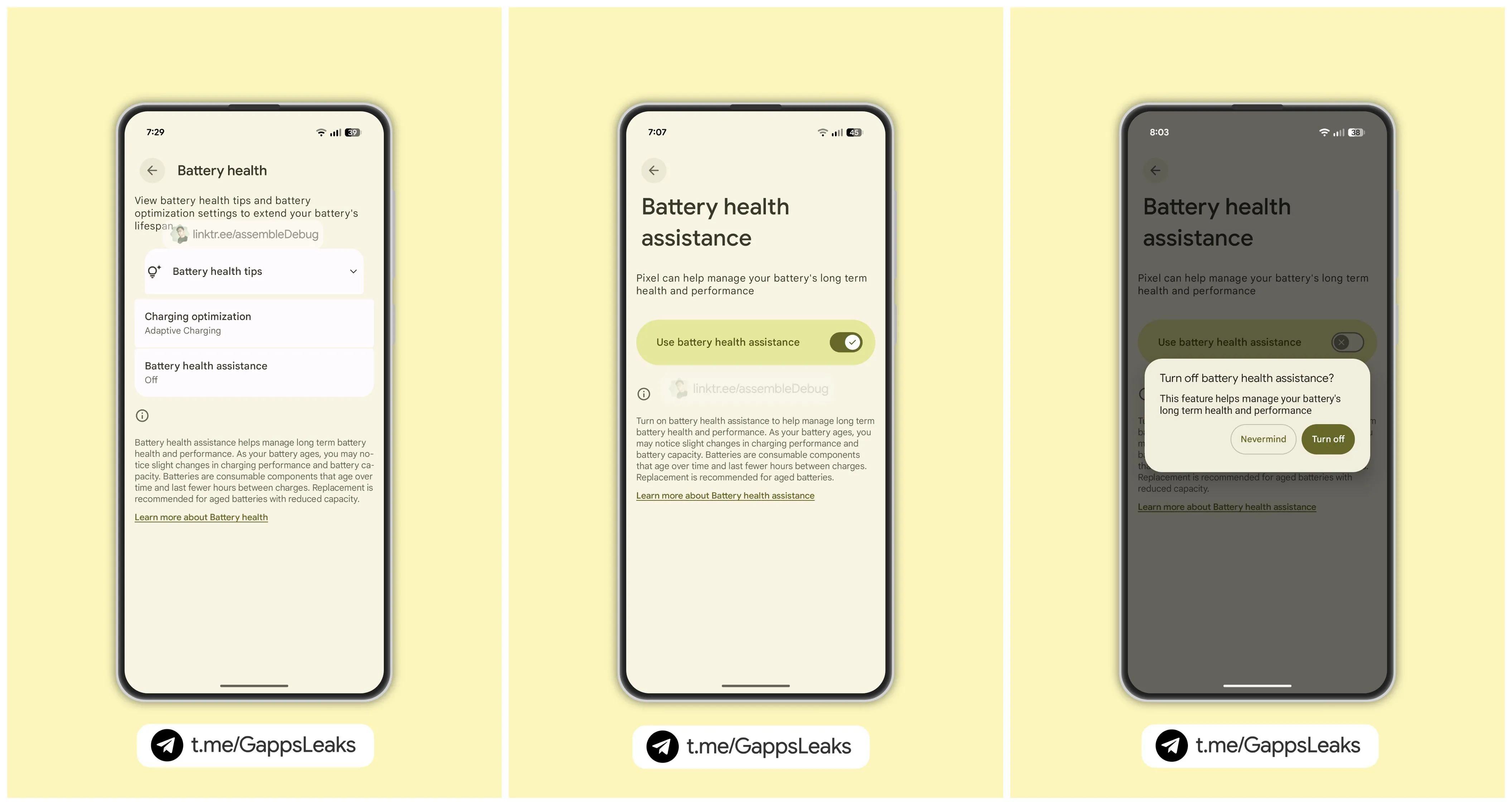 Ảnh chụp màn hình tính năng Battery Health Assistant trên Google Pixel 9, hiển thị tùy chọn tối ưu sức khỏe pin.