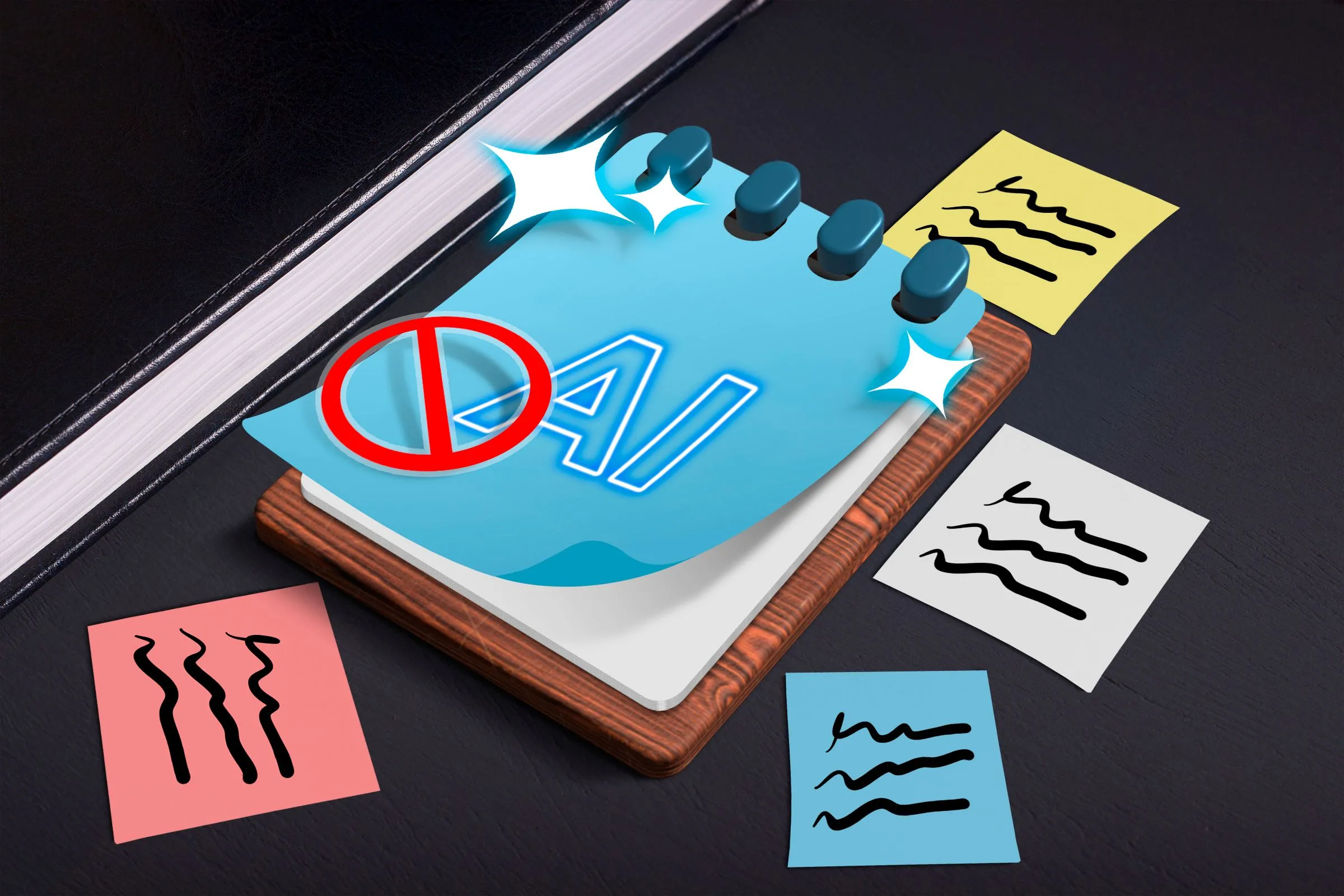 Bề mặt với logo Notepad và các ghi chú xung quanh