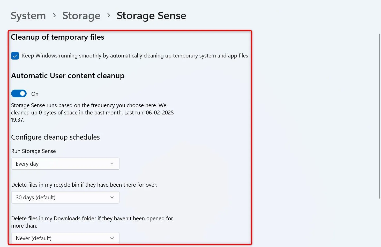 Cấu hình các tùy chọn dọn dẹp tự động trong cài đặt Storage Sense trên Windows 11.