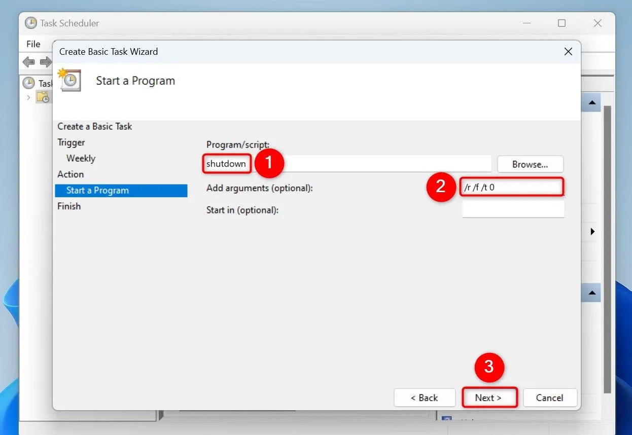 Cấu hình lệnh shutdown với các tham số /r /f /t 0 để tự động restart PC ngay lập tức