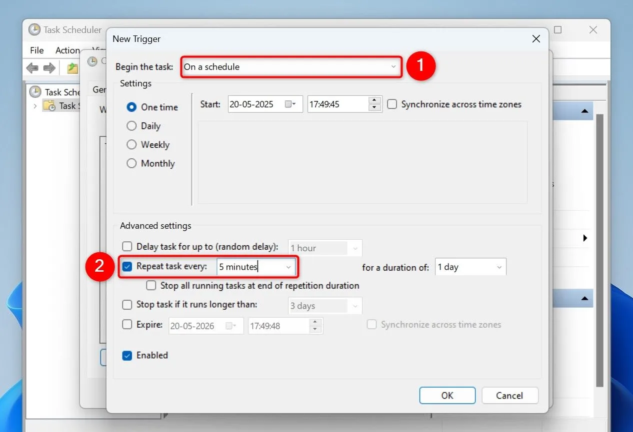Cấu hình thời gian lặp lại cho tác vụ cảnh báo pin trong Task Scheduler