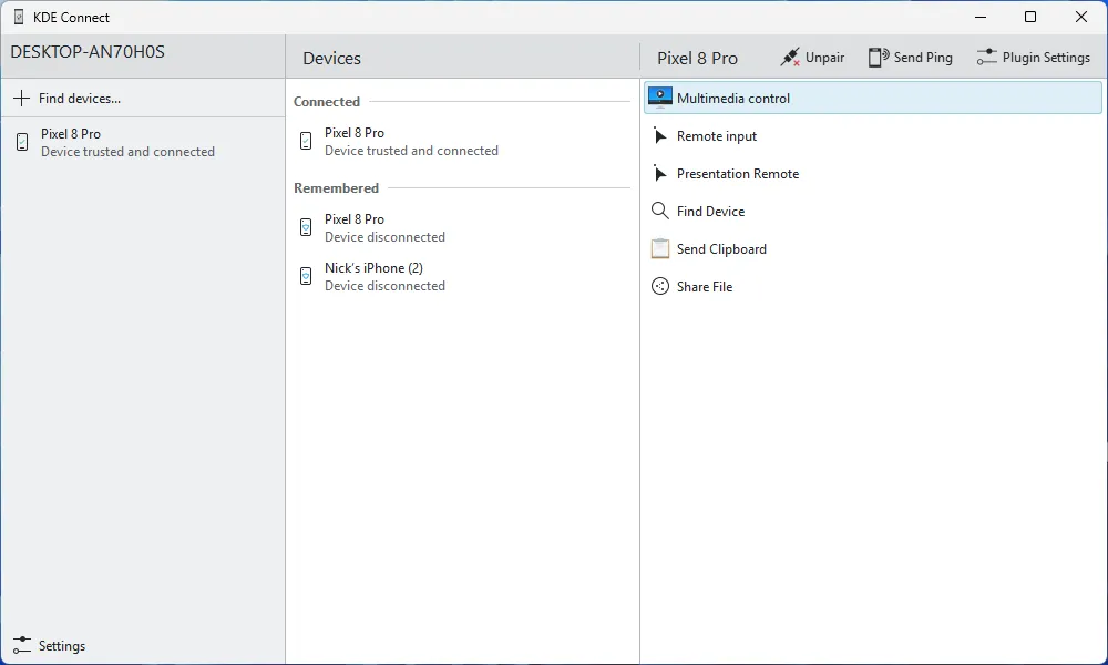 Cửa sổ chính của ứng dụng KDE Connect hiển thị các thiết bị đã kết nối