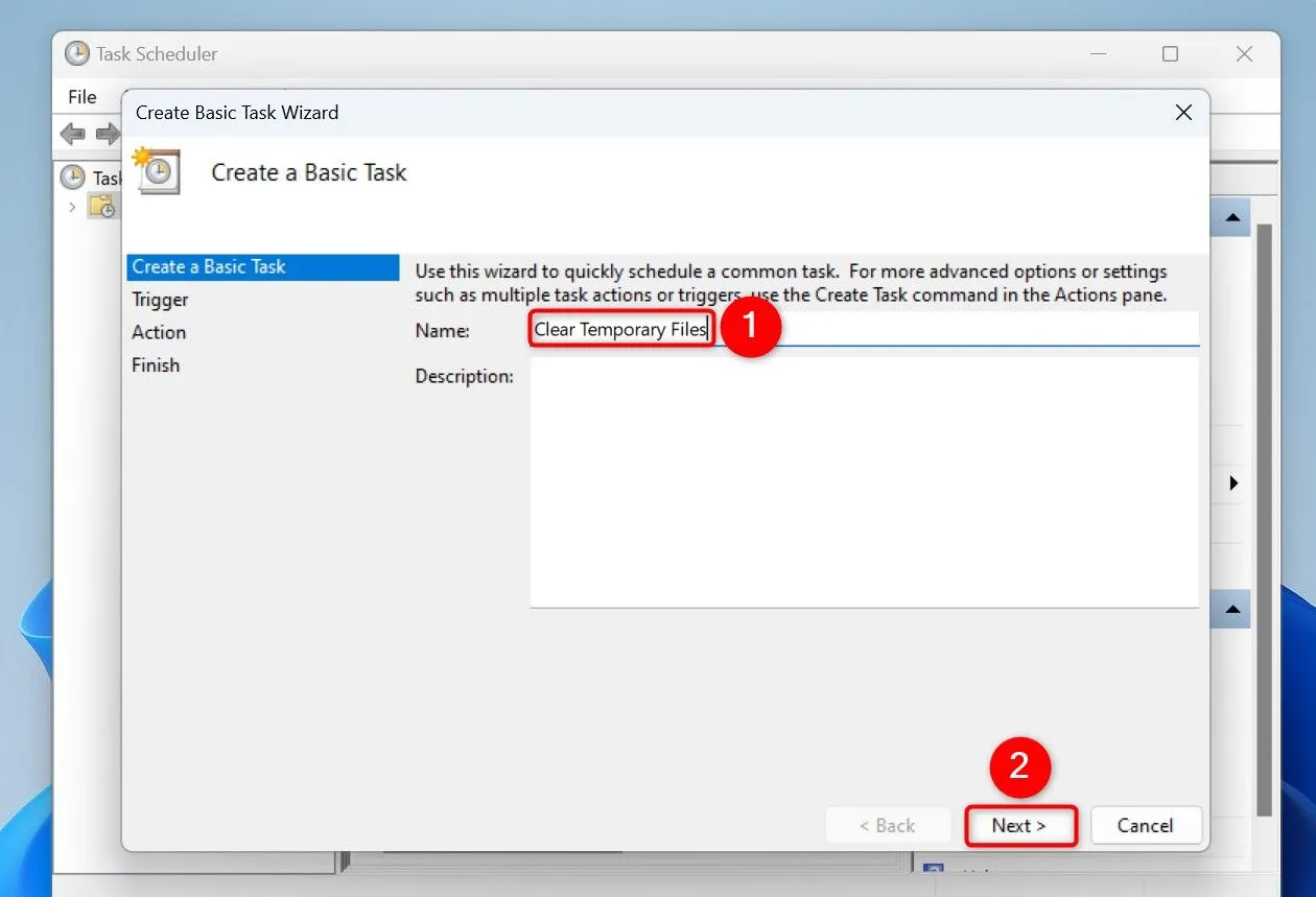 Cửa sổ Tạo tác vụ cơ bản trong Task Scheduler, đặt tên tác vụ là Clear Temporary Files.