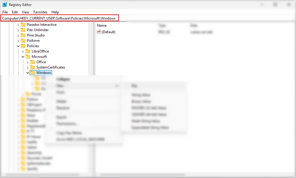 Đường dẫn đến khóa registry ComputerHKEY_CURRENT_USERSOFTWAREPoliciesMicrosoftWindows trong thanh địa chỉ Registry Editor