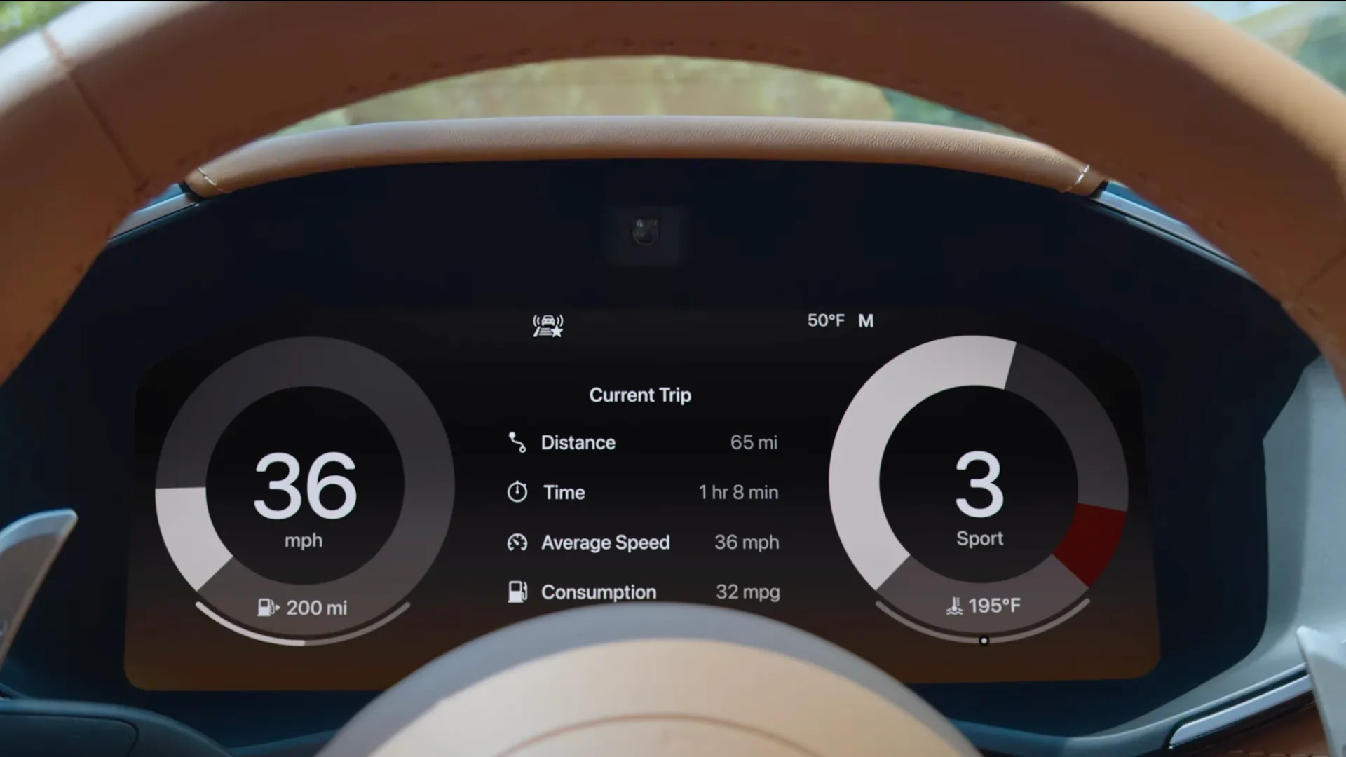 Giao diện Apple CarPlay Ultra hiển thị trên bảng đồng hồ kỹ thuật số của xe, tích hợp thông tin từ iPhone và xe.