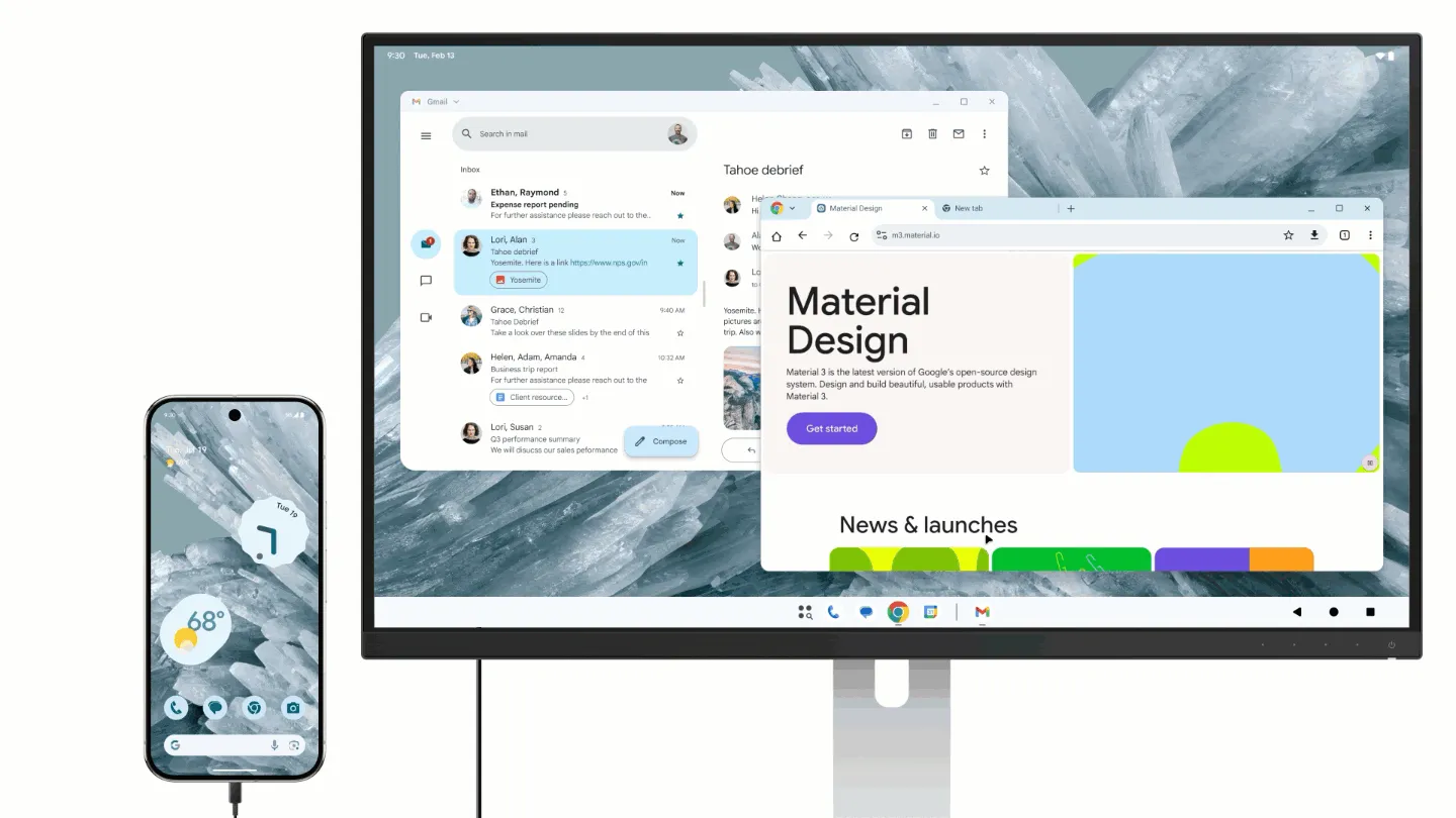Giao diện chế độ desktop Android với nhiều cửa sổ ứng dụng nổi và thanh tác vụ