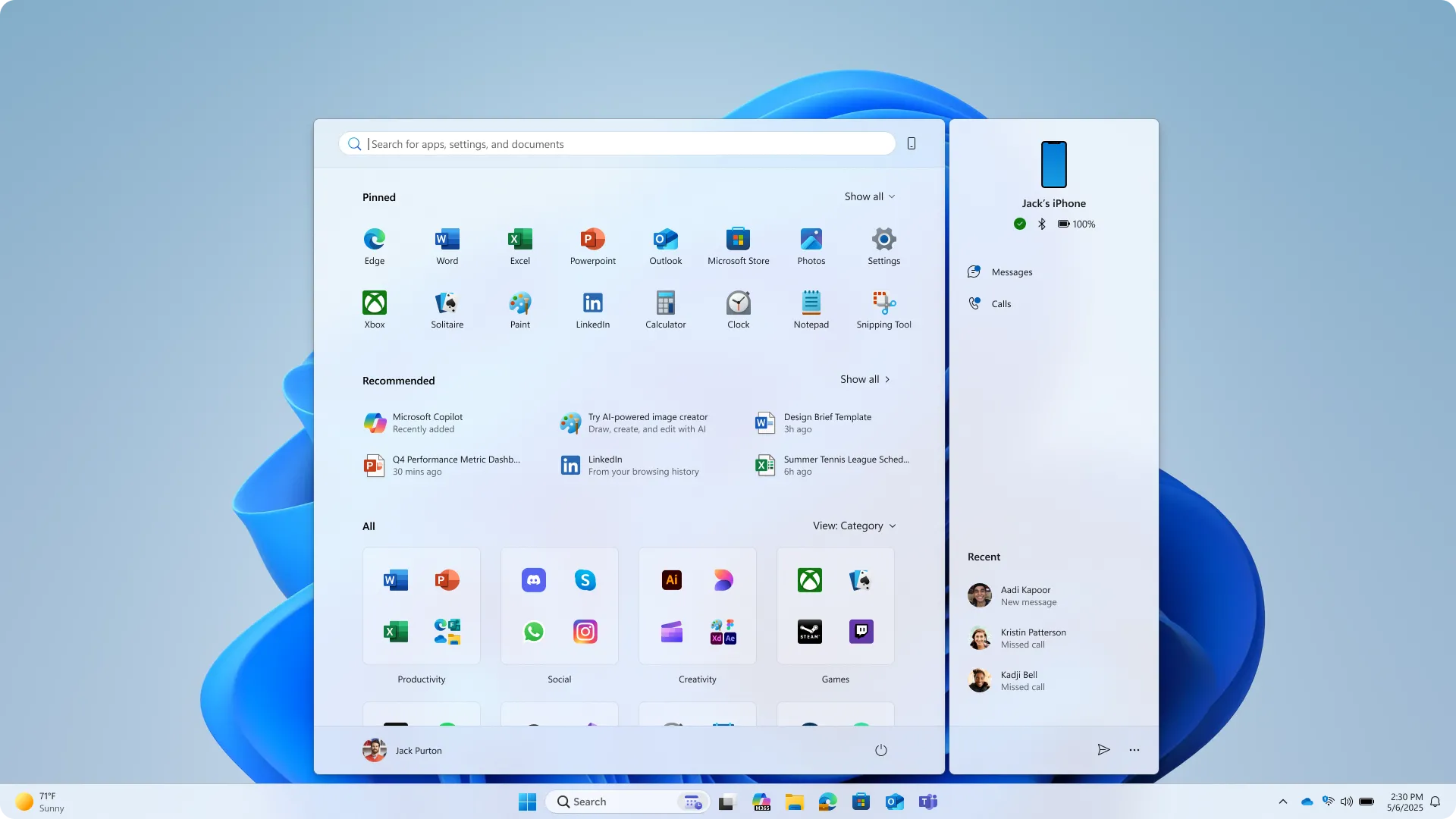 Giao diện menu Start mới trên Windows 11 hiển thị ứng dụng được ghim, đề xuất và các danh mục ứng dụng