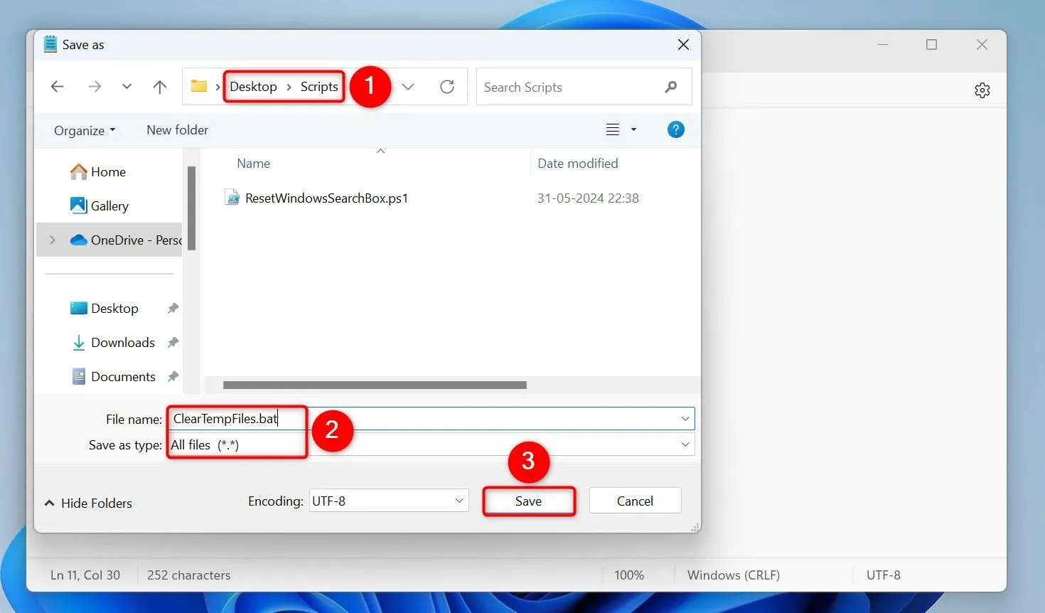 Giao diện Notepad hiển thị cửa sổ lưu file script xóa file tạm với tên ClearTempFiles.bat và kiểu All Files.