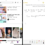 Giao diện Split View trên iPad hiển thị ứng dụng YouTube và Ghi chú chia đôi màn hình.