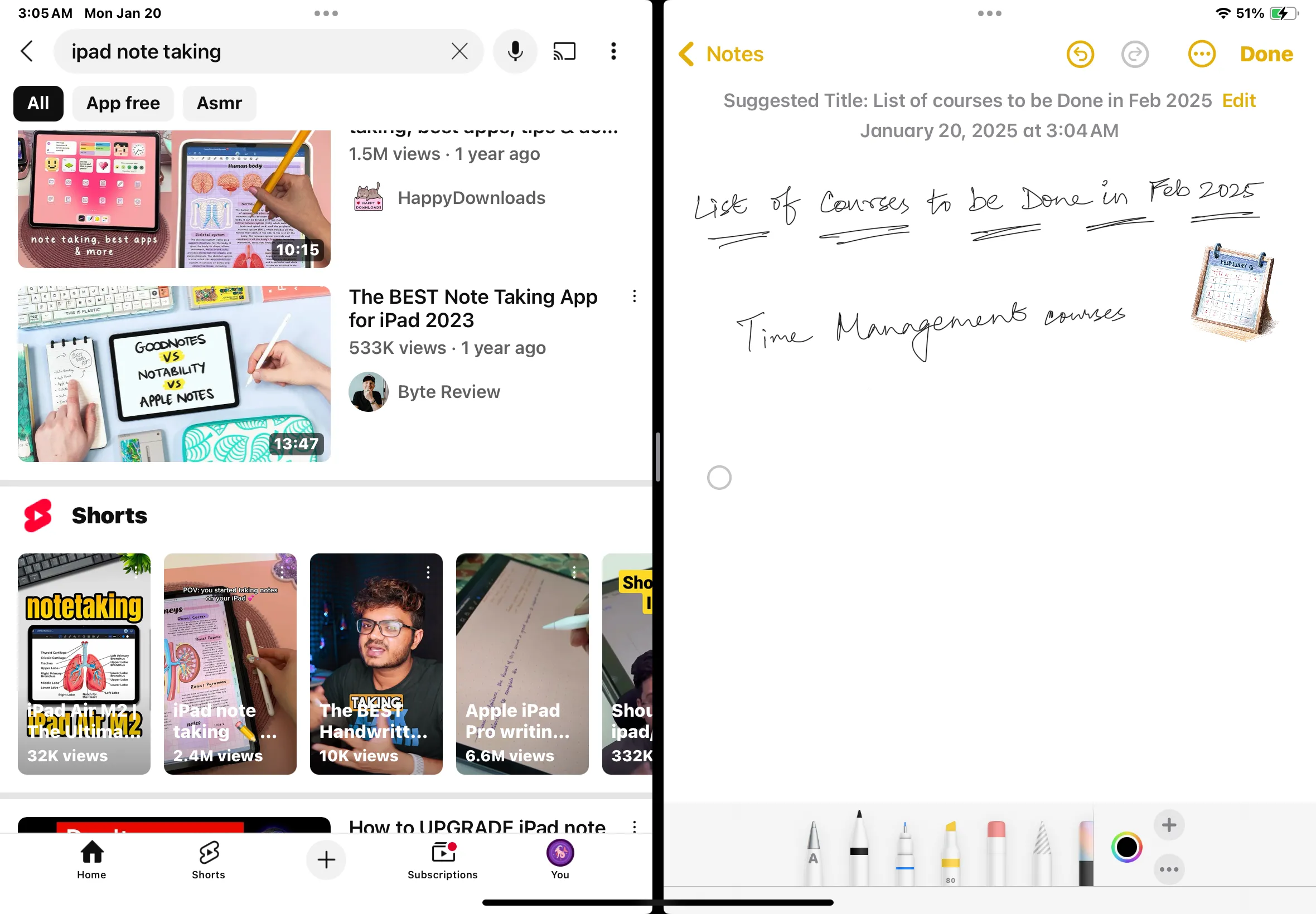 Giao diện Split View trên iPad hiển thị ứng dụng YouTube và Ghi chú chia đôi màn hình.