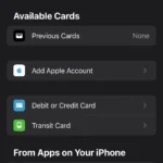 Giao diện thêm thẻ và giấy tờ vào ứng dụng Apple Wallet trên iPhone, hiển thị các tùy chọn như Thẻ Tín dụng, Apple Account, Thẻ Di chuyển.
