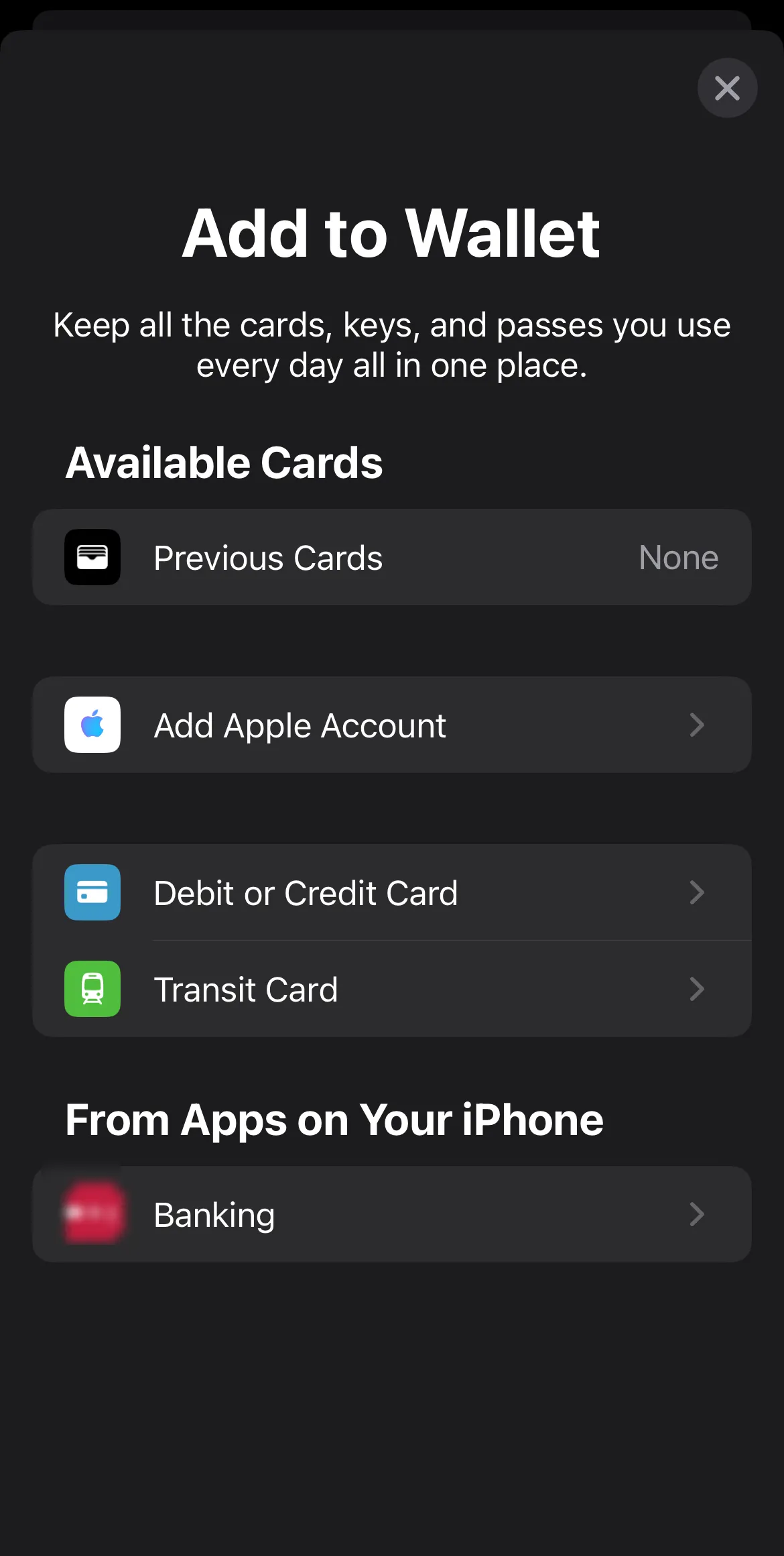 Giao diện thêm thẻ và giấy tờ vào ứng dụng Apple Wallet trên iPhone, hiển thị các tùy chọn như Thẻ Tín dụng, Apple Account, Thẻ Di chuyển.
