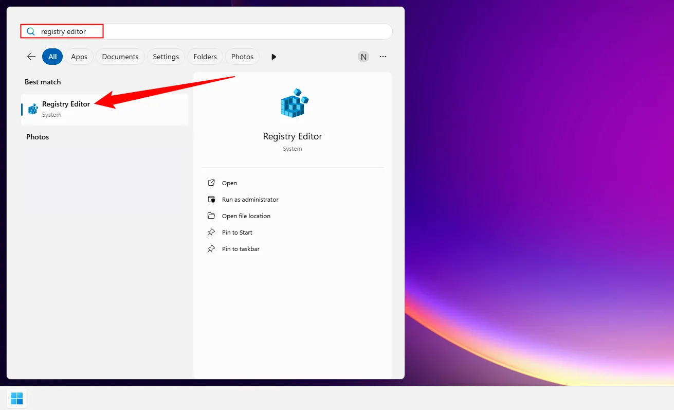 Giao diện tìm kiếm trong Menu Bắt đầu Windows 11 hiển thị ứng dụng Registry Editor