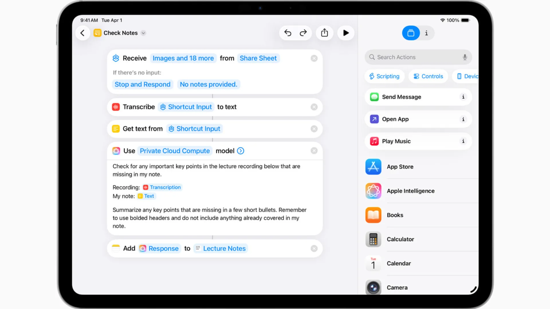 Giao diện ứng dụng Phím tắt trên iPadOS 26, tích hợp khả năng tạo phím tắt AI