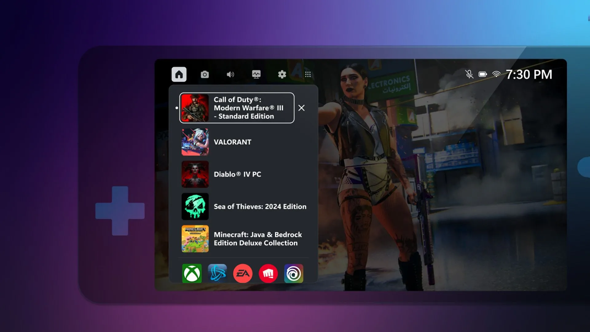 Giao diện ứng dụng Xbox trên handheld PC hiển thị danh sách game đã cài đặt