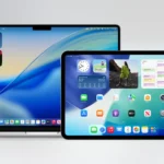 Hình ảnh giao diện Liquid Glass mới trên các thiết bị Apple như MacBook, iPad, iPhone và Apple Watch