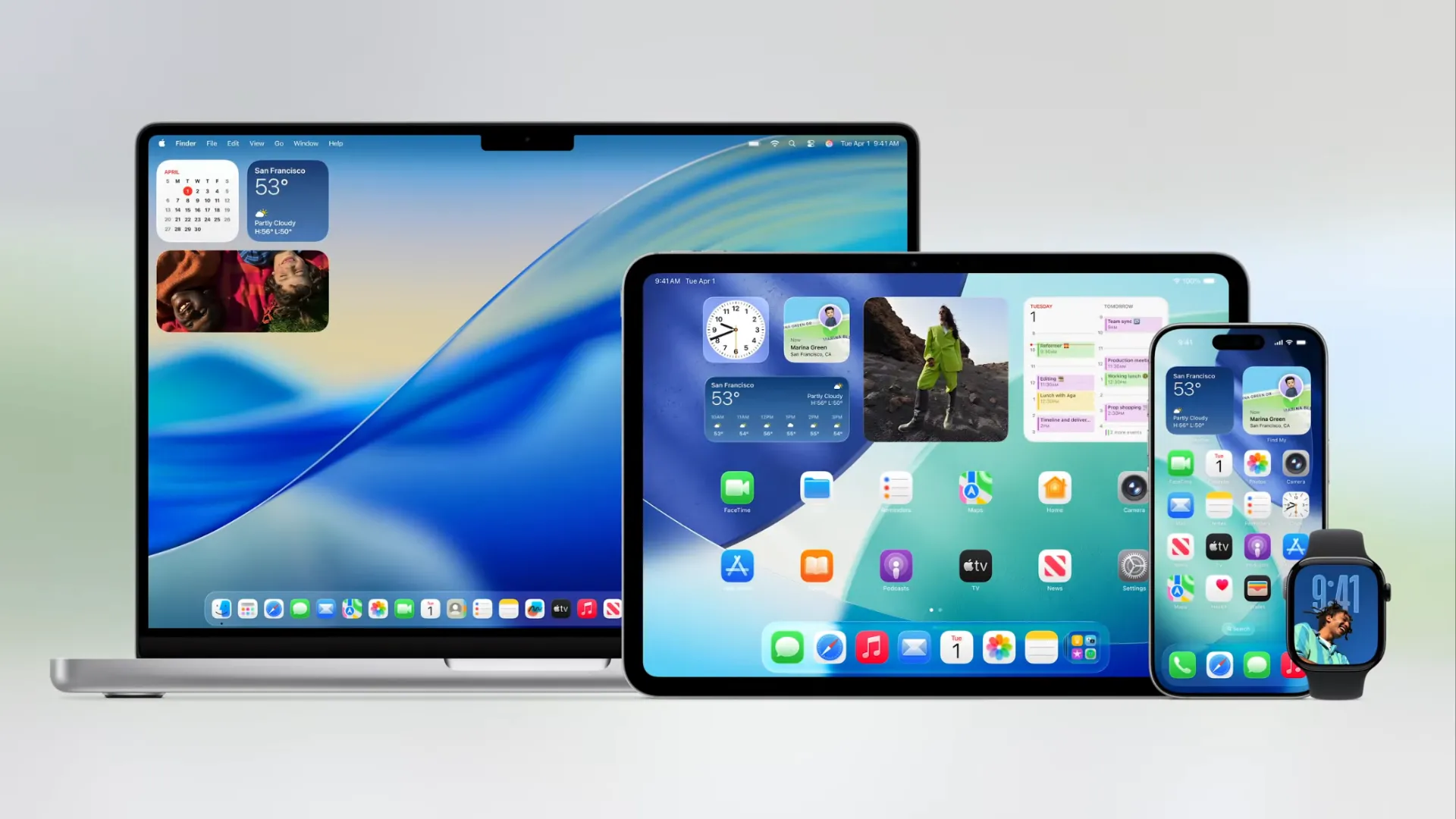 Hình ảnh giao diện Liquid Glass mới trên các thiết bị Apple như MacBook, iPad, iPhone và Apple Watch