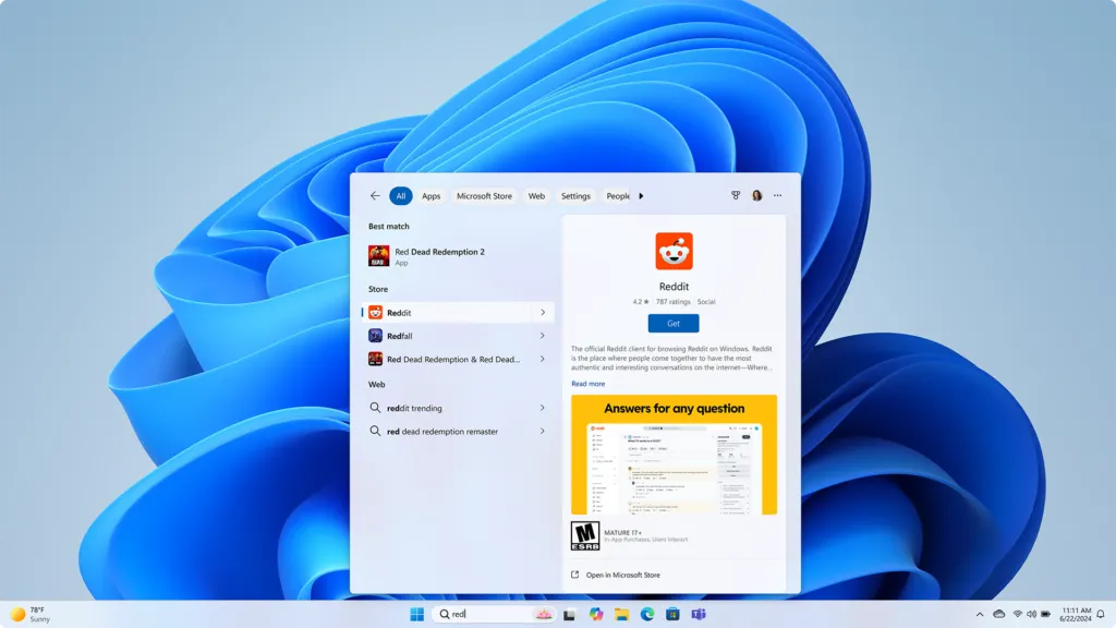 Kết quả tìm kiếm ứng dụng từ Microsoft Store hiển thị trong Menu Start Windows 11