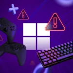 Logo Windows giữa bộ điều khiển và bàn phím, kèm nhiều cảnh báo, minh họa vấn đề tối ưu game