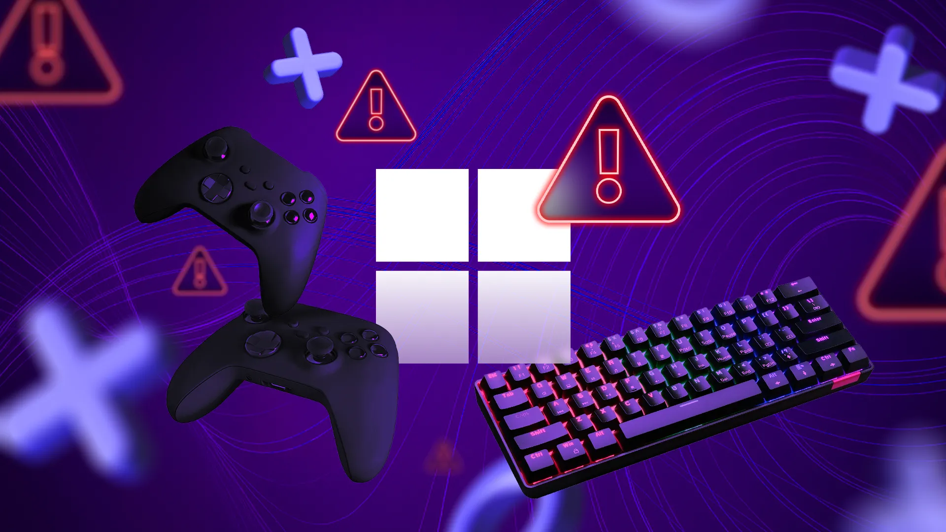 Logo Windows giữa bộ điều khiển và bàn phím, kèm nhiều cảnh báo, minh họa vấn đề tối ưu game