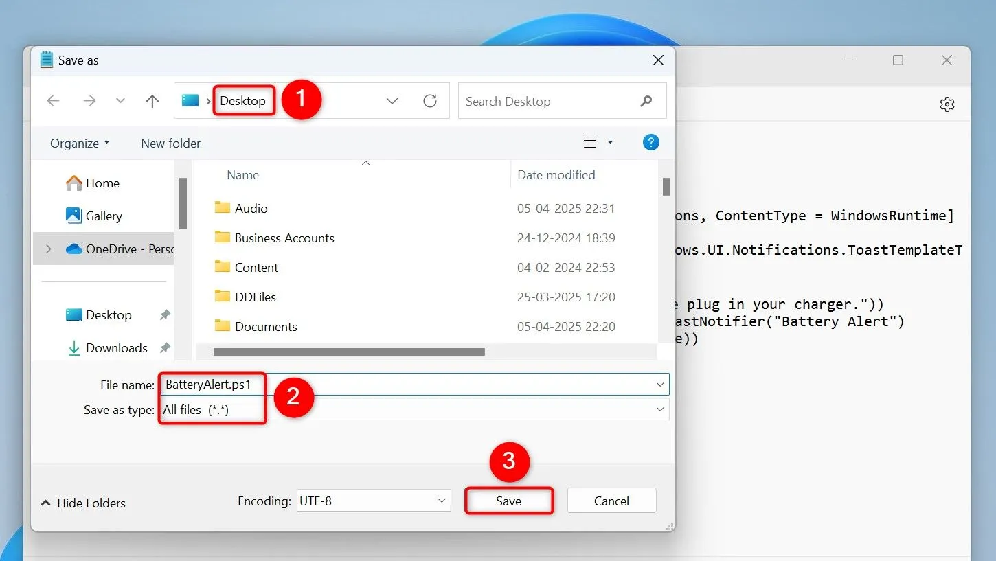 Lưu script cảnh báo pin PowerShell (.ps1) trong Notepad