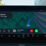 Màn hình Apple CarPlay mới trong iOS 26 hiển thị cuộc gọi đến dưới dạng thanh nhỏ gọn phía dưới, không che khuất bản đồ điều hướng.