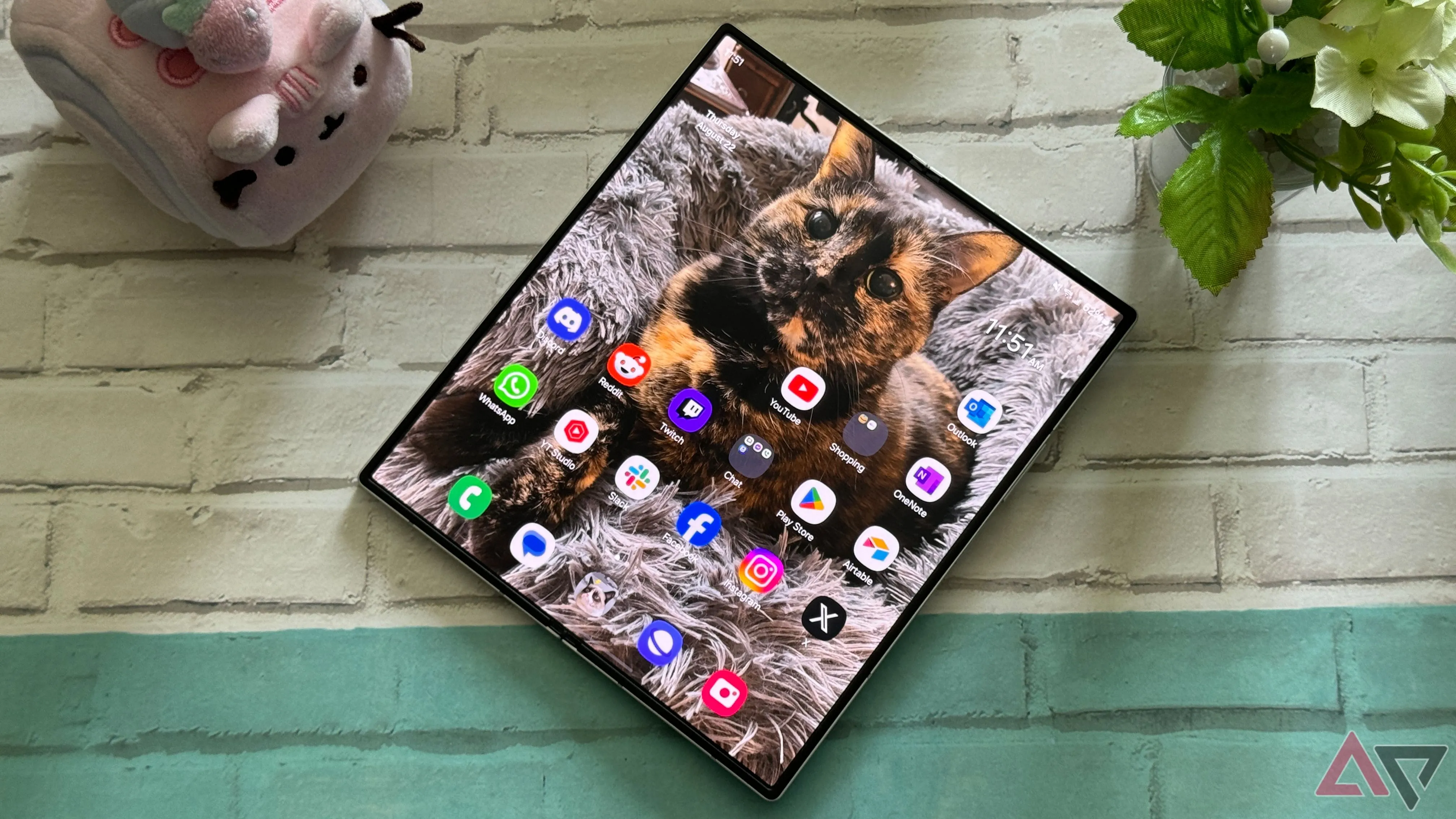 Màn hình gập bên trong điện thoại di động Samsung Galaxy Z Fold hiển thị hình ảnh chú mèo