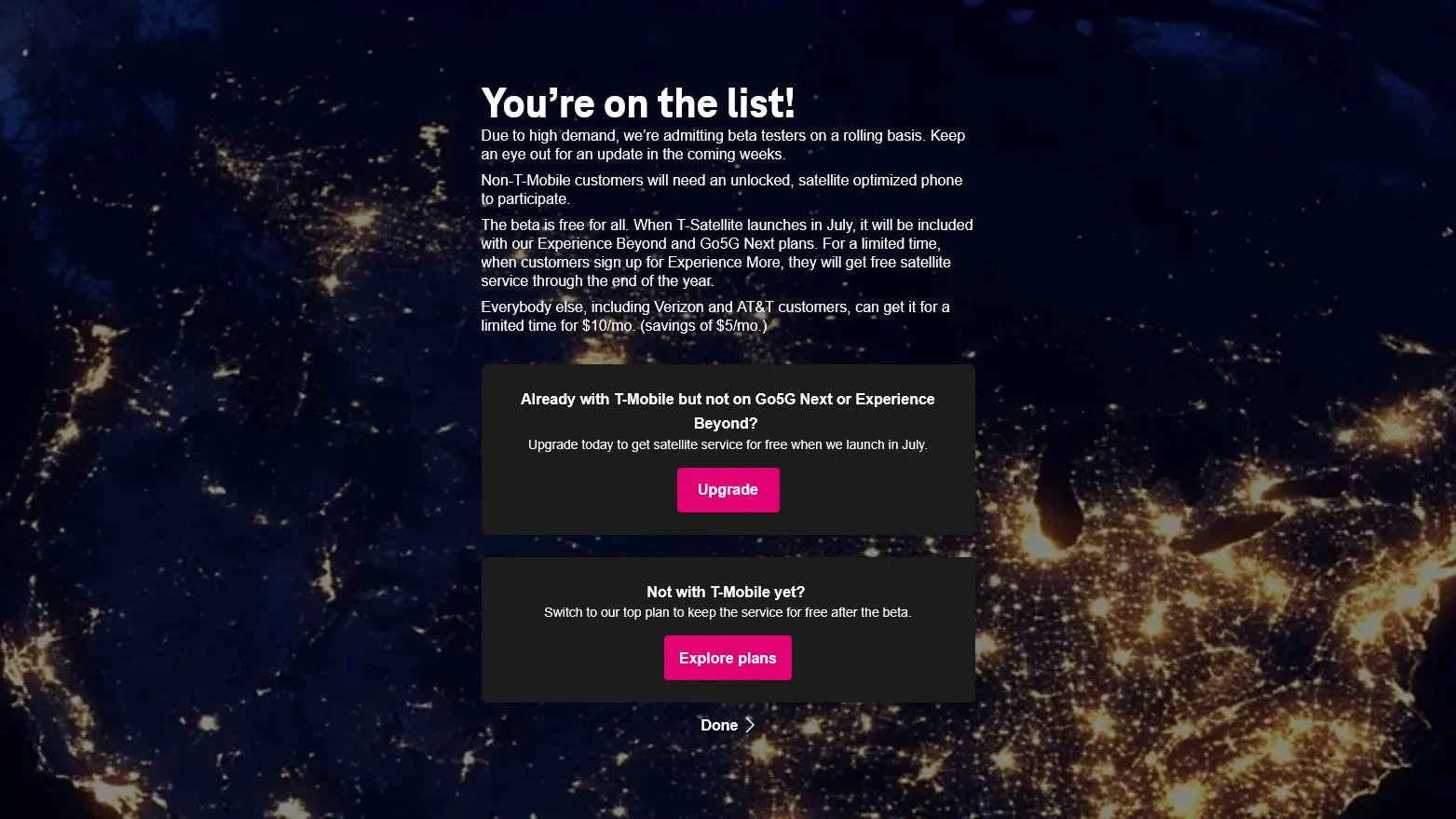 Màn hình xác nhận đăng ký tham gia chương trình thử nghiệm beta T-Satellite của T-Mobile