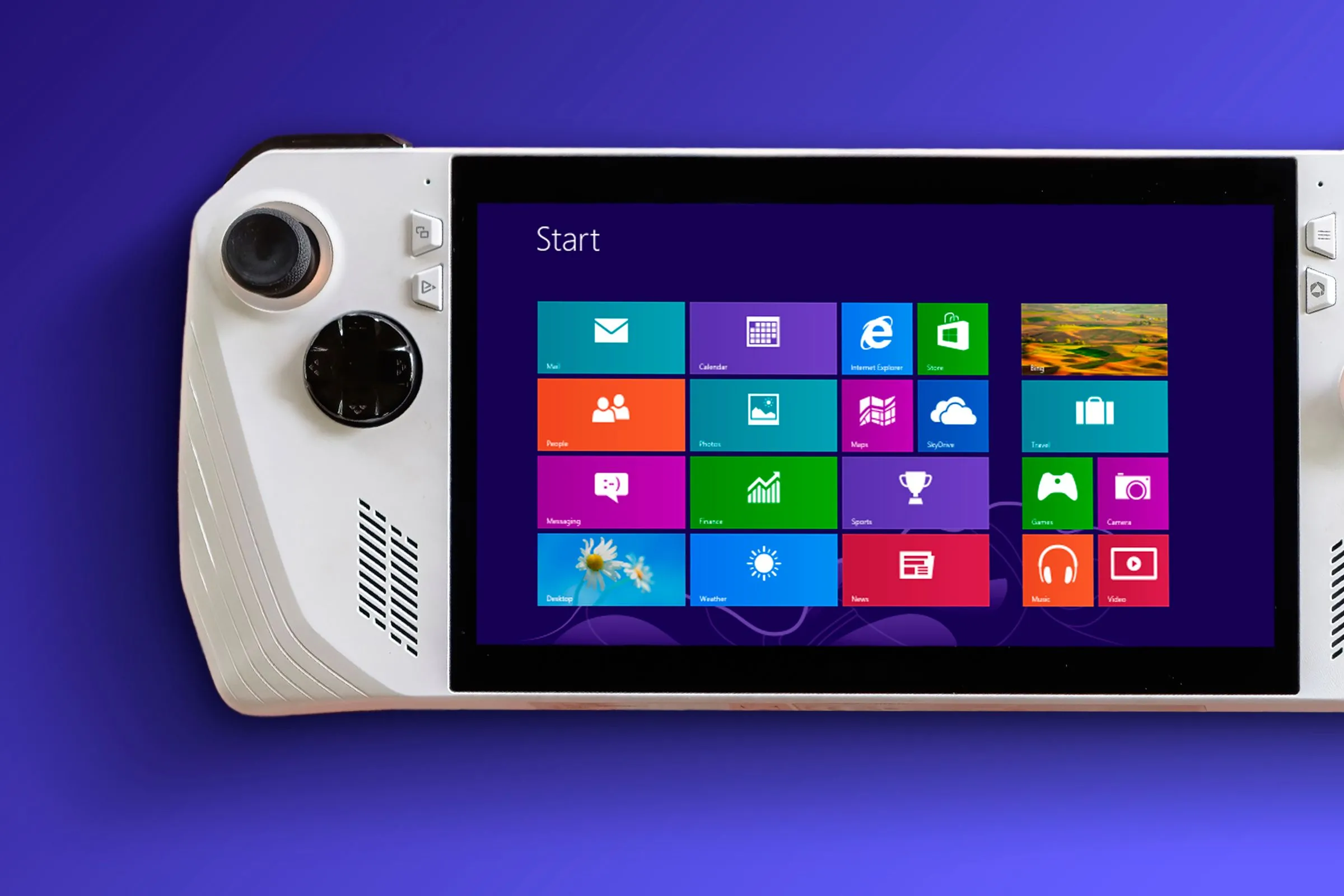 Máy chơi game cầm tay ASUS ROG Ally hiển thị giao diện Metro UI của Windows 8 cũ