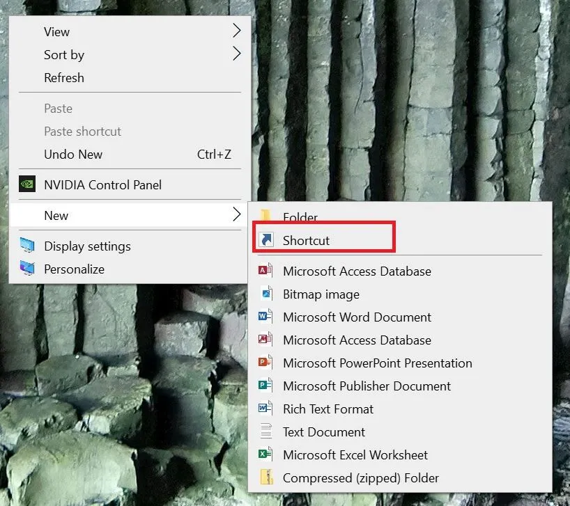 Menu chuột phải khi tạo shortcut mới trên màn hình Desktop Windows.