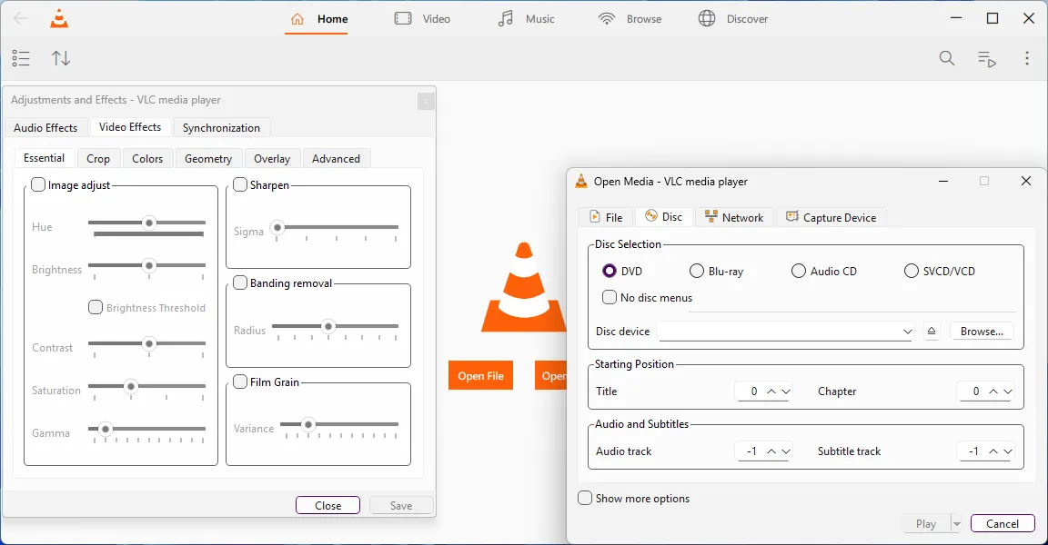 Menu Options của VLC 4.0 mở, hiển thị tùy chọn Open Media và Video Effects