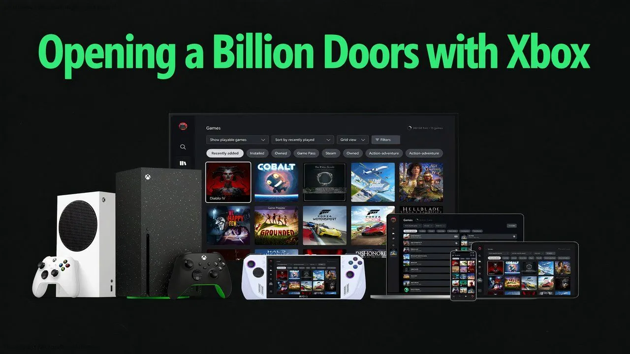 Minh họa tầm nhìn &quot;mọi màn hình đều là Xbox&quot; của Microsoft, hiển thị nhiều thiết bị chơi game khác nhau