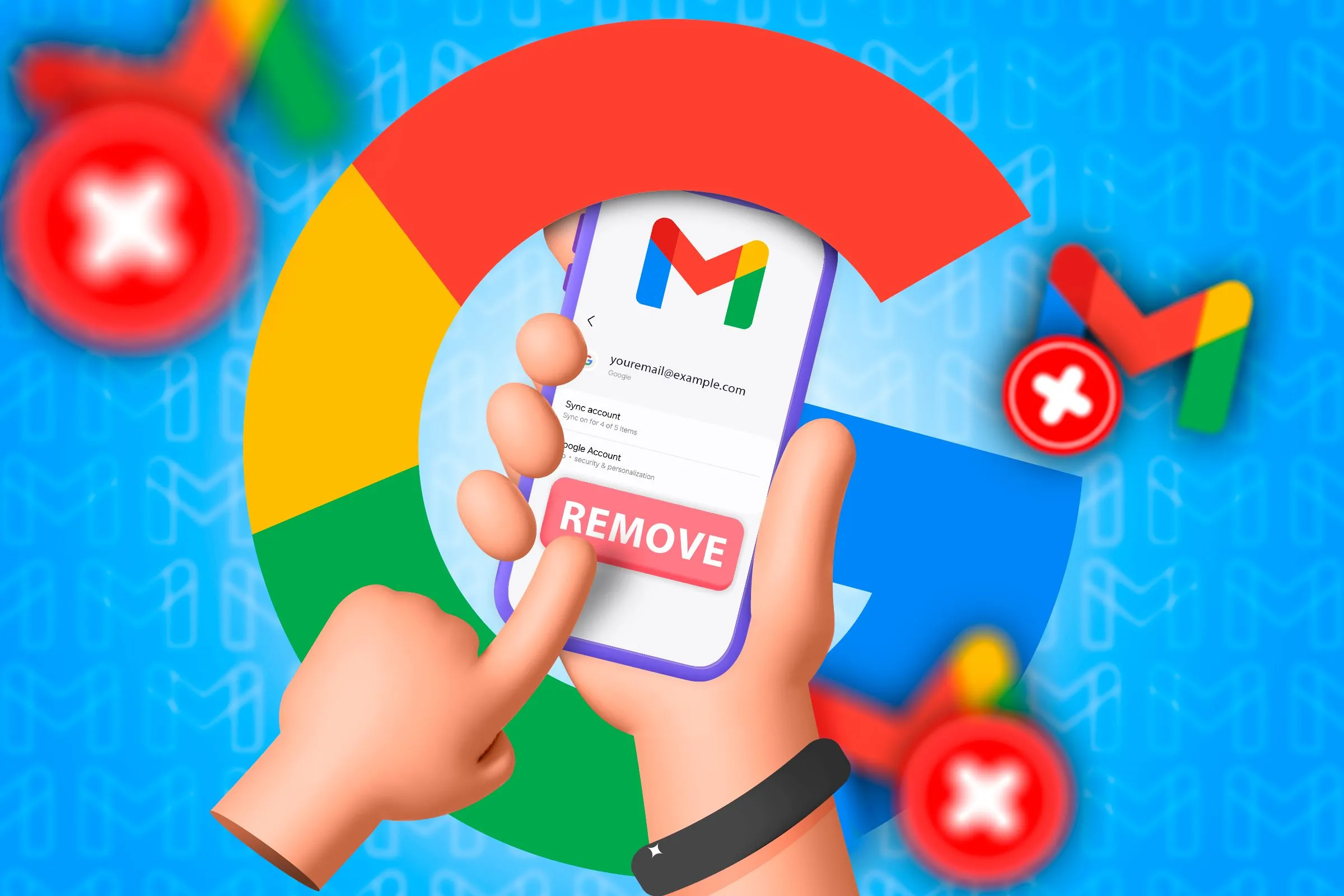 Minh họa tay cầm điện thoại gỡ tài khoản Gmail, thể hiện giao diện ứng dụng Gmail mới trên Android