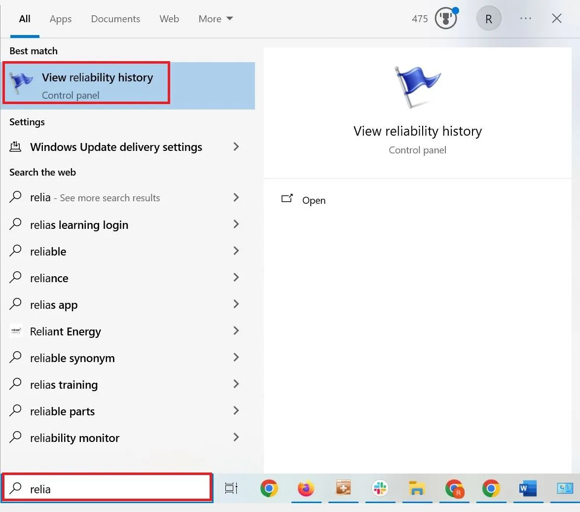 Mở Reliability Monitor qua thanh tìm kiếm Start trên Windows.