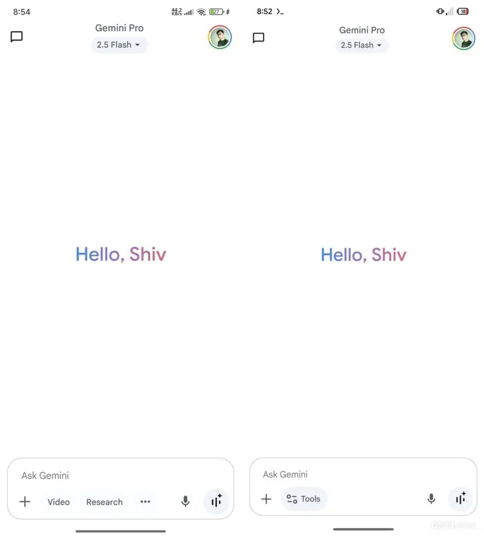So sánh giao diện thanh công cụ cũ (trái) và mới (phải) trong ứng dụng Gemini trên Android, làm nổi bật vị trí nút "Tools" mới