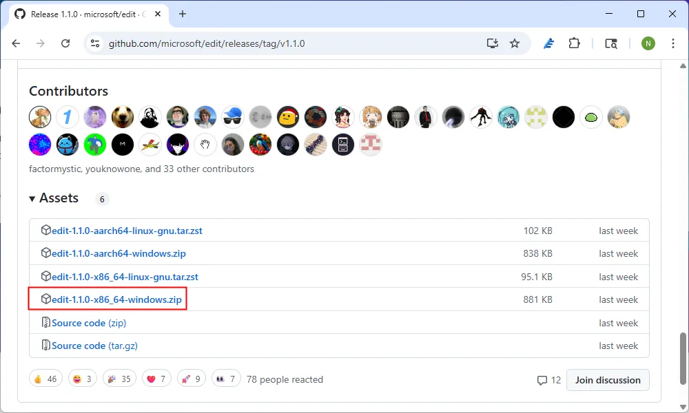 Tệp tin nén ZIP cài đặt Microsoft Edit trên trang GitHub Releases