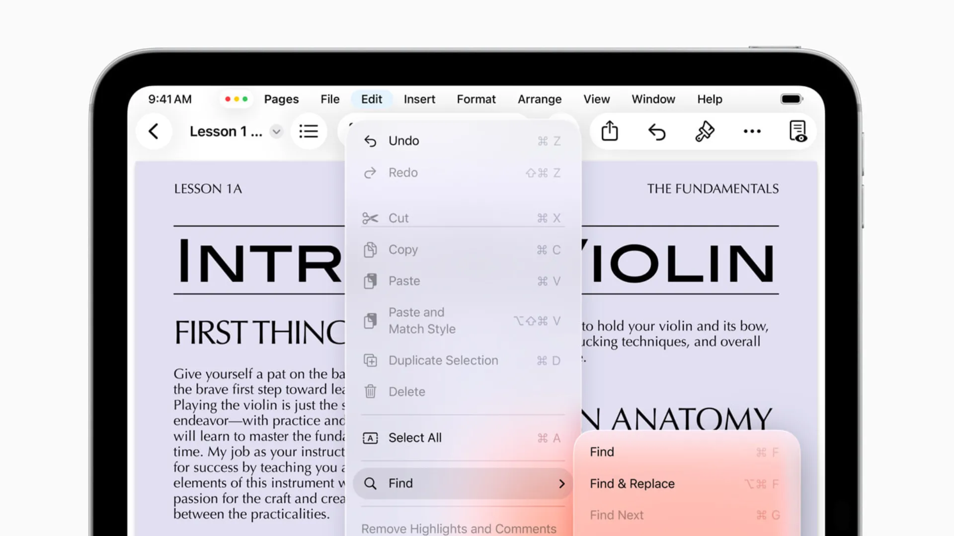 Thanh Menu mới dạng thả xuống trong ứng dụng Pages trên iPadOS 26