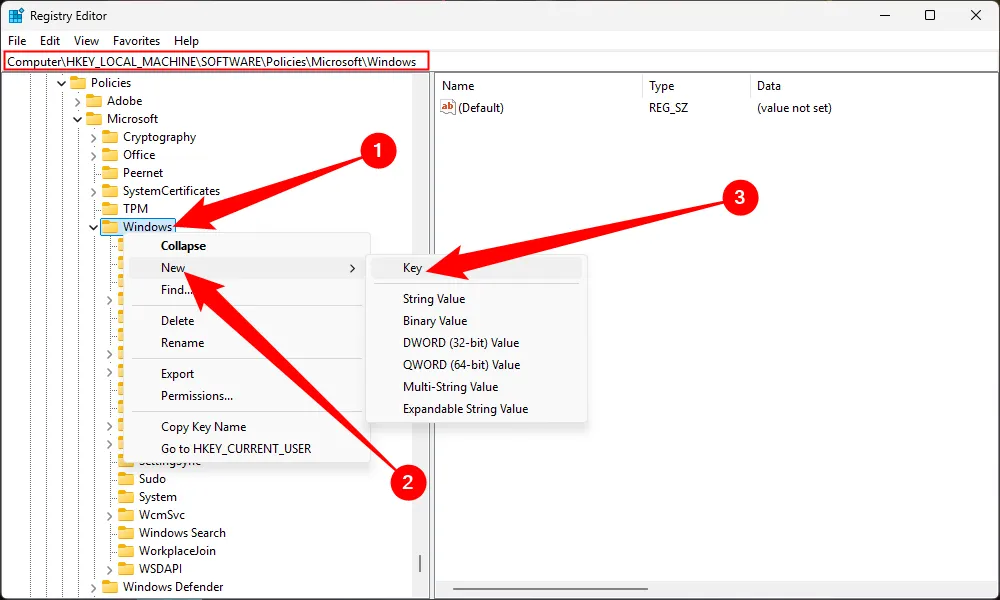 Thao tác tạo khóa registry mới tên Personalization trong khóa Windows