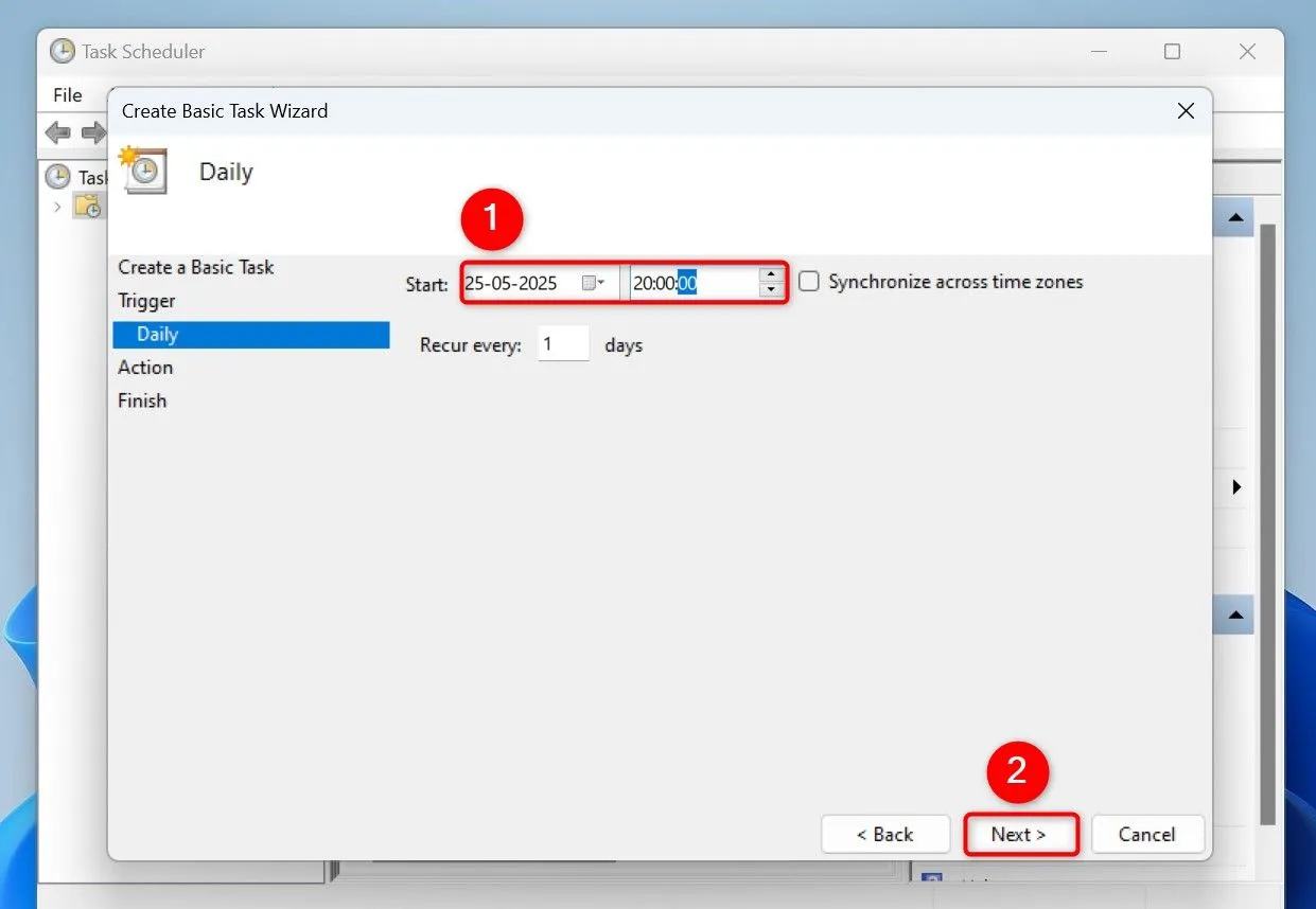 Thiết lập ngày và giờ bắt đầu chạy tác vụ xóa file tạm tự động trong Task Scheduler.