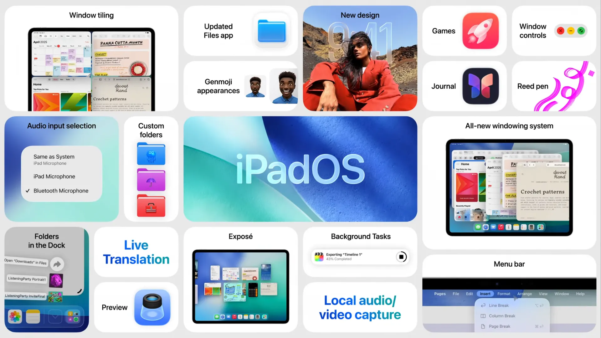 Tổng hợp các tính năng mới nổi bật của iPadOS 26 hiển thị trên màn hình iPad.