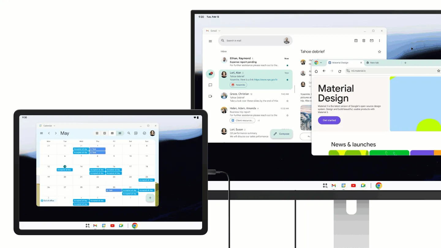 Trải nghiệm chế độ desktop Android trên thiết lập đa màn hình với cửa sổ ứng dụng mở rộng