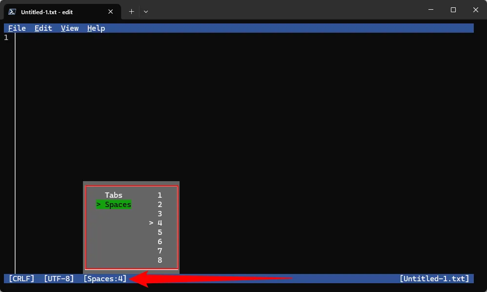 Tùy chọn cài đặt sử dụng Spaces hoặc Tab trong Microsoft Edit