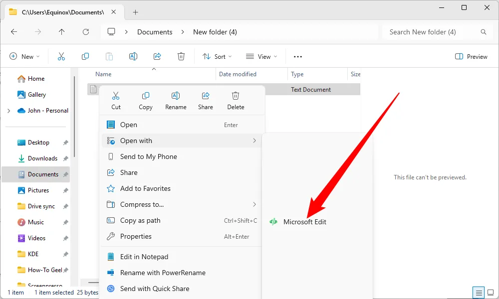 Ứng dụng Microsoft Edit hiển thị trong menu Open With (Mở với) của Windows