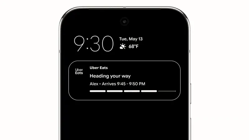 Ví dụ hiển thị thông báo Live Updates về trạng thái giao hàng trên Android 16