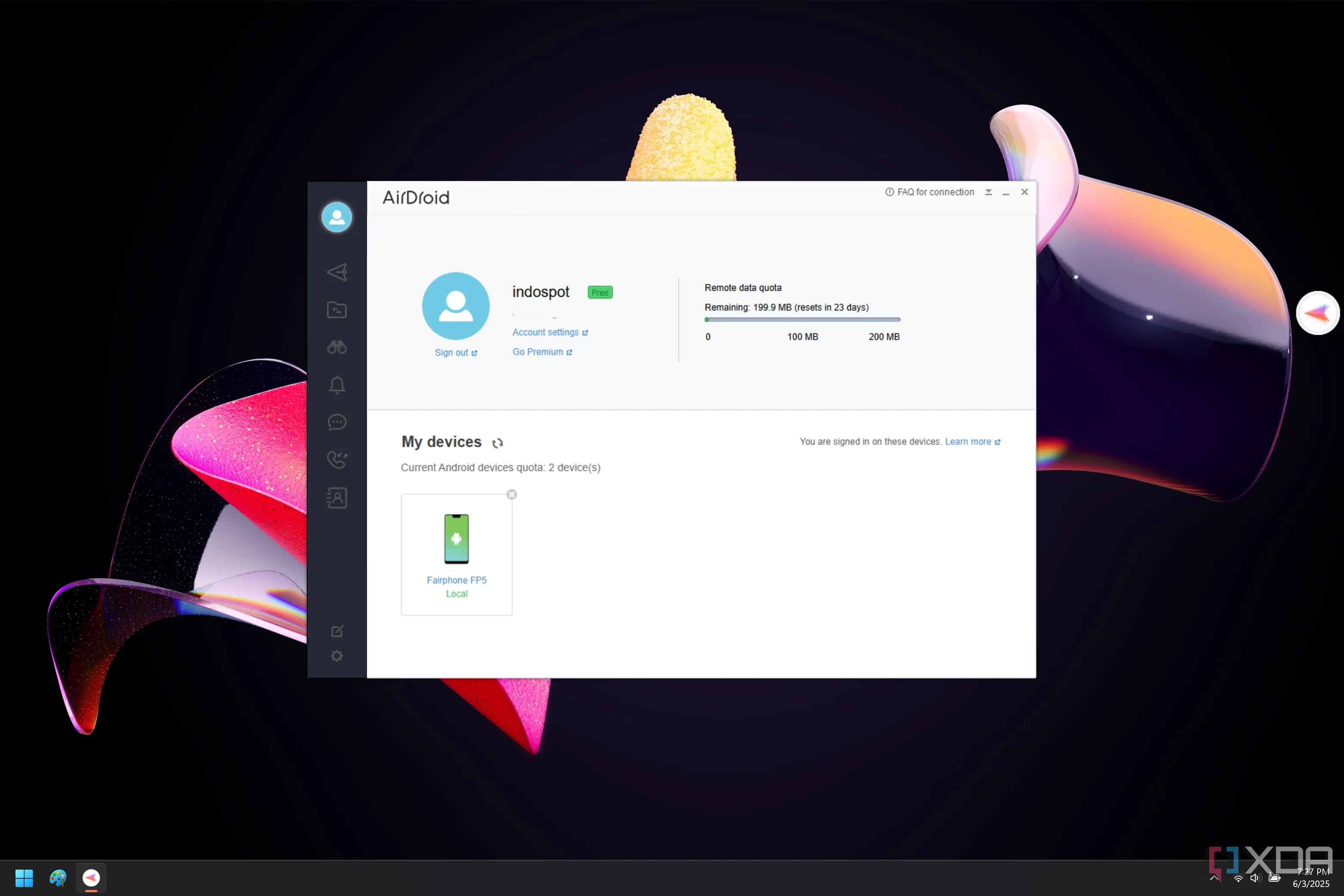Ảnh chụp màn hình giao diện AirDroid trên Windows hiển thị thông tin tài khoản người dùng