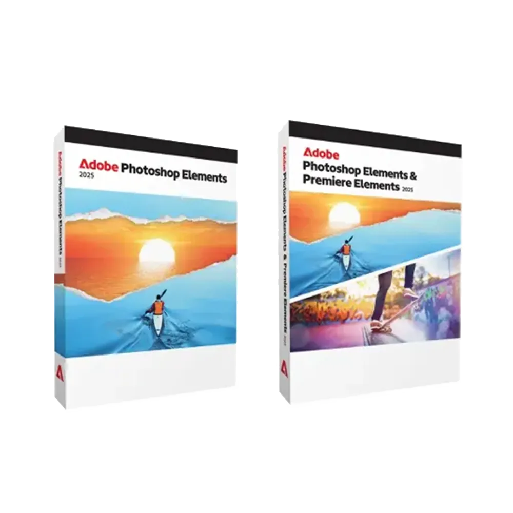 Ảnh chụp màn hình gói sản phẩm Adobe Photoshop Elements, thể hiện các tính năng và giao diện.