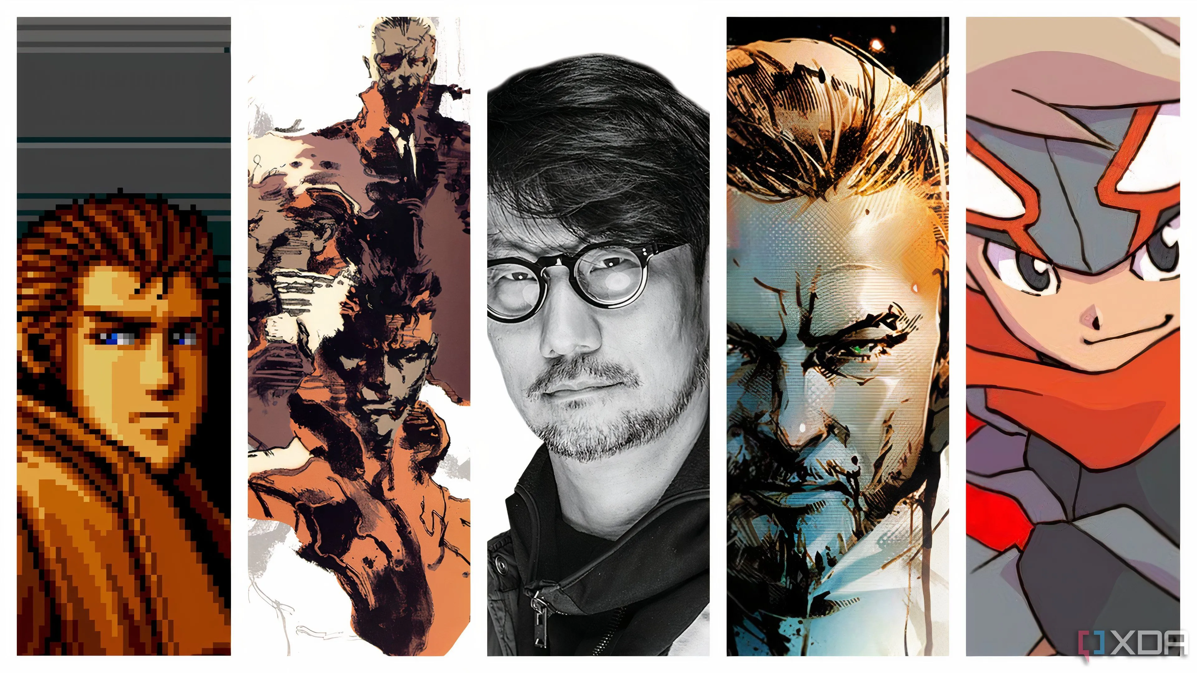 Ảnh ghép các tác phẩm nổi bật của Hideo Kojima: Snatcher, Metal Gear Solid, Death Stranding và Boktai